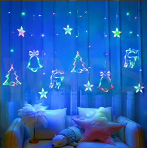 Cortina de luces LED con arboles y campanas, multicolor,  perfecta para decorar interiores, eventos y espacios comerciales con iluminación atractiva y moderna.