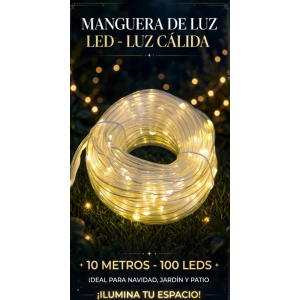 Manguera de Luz LED Luz Cálida 5 Metros 100 LEDs - Serie Tubo Transparente Impermeable para Jardín, Patio y Navidad