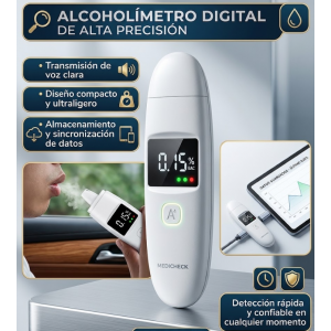 Alcoholímetro digital portátil sin contacto con pantalla LED de alta precisión. Resultado rápido en 5 segundos, recargable USB, compacto y fácil de usar. Ideal para control personal y seguridad.