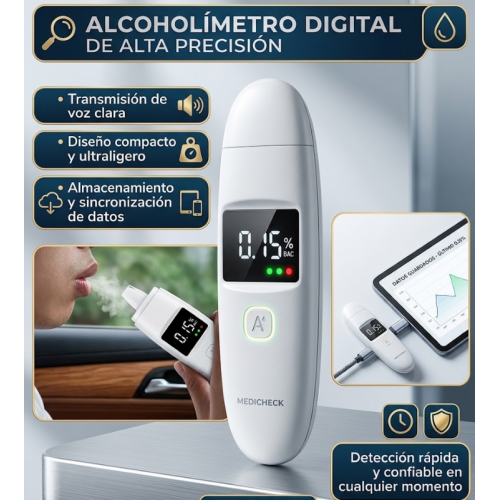 Alcoholímetro digital portátil sin contacto con pantalla LED de alta precisión. Resultado rápido en 5 segundos, recargable USB, compacto y fácil de usar. Ideal para control personal y seguridad. Alcoholímetro digital portátil sin contacto con pantalla LED de alta precisión. Resultado rápido en 5 segundos, recargable USB, compacto y fácil de usar. Ideal para control personal y seguridad.