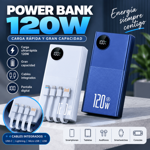 Power Bank de 120W con carga rápida, pantalla digital y cables integrados. Ideal para cargar celulares, tabletas y otros dispositivos. Venta por mayoreo.