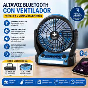 Altavoz Bluetooth con ventilador integrado, batería recargable, luz LED, radio FM, USB, AUX y tarjeta TF. Ideal para música y frescura. Venta por mayoreo.