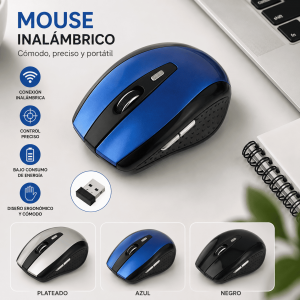Mouse inalámbrico ergonómico con receptor USB, diseño compacto y preciso. Compatible con computadoras y laptops. Venta por mayoreo.