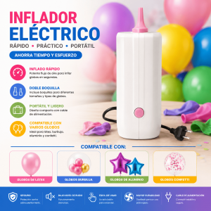 Inflador eléctrico portátil para globos, compacto y fácil de usar. Ideal para fiestas, eventos, decoración y venta por mayoreo