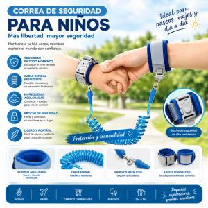 Correa de seguridad infantil con muñequeras acolchadas, cable espiral y broches resistentes. Ideal para paseos, viajes y lugares concurridos por mayoreo.