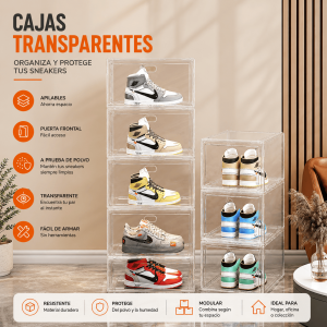 Caja transparente apilable para organizar y proteger tenis y zapatos. Diseño resistente con puerta frontal y fácil acceso. Venta por mayoreo.
