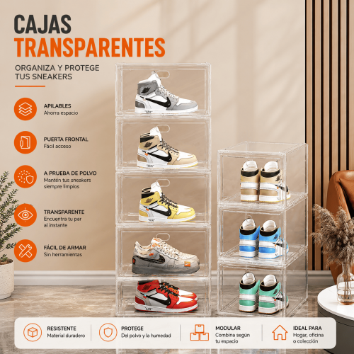 Caja transparente apilable para organizar y proteger tenis y zapatos. Diseño resistente con puerta frontal y fácil acceso. Venta por mayoreo.