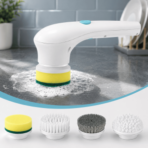Cepillo eléctrico giratorio 4 en 1 con cabezales intercambiables para limpiar cocina, baño, azulejos, estufas y más. Venta por mayoreo.