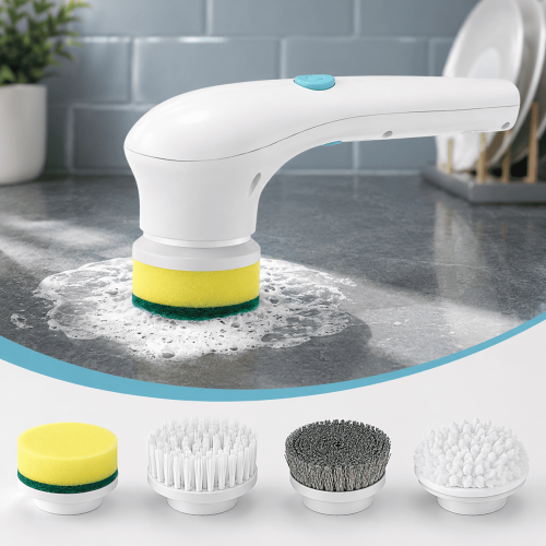 Cepillo eléctrico giratorio 4 en 1 con cabezales intercambiables para limpiar cocina, baño, azulejos, estufas y más. Venta por mayoreo.