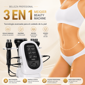Máquina de belleza profesional 3 en 1 para tratamientos estéticos de cuidado corporal y facial. Cuenta con pantalla táctil, selección de funciones y distintos cabezales de trabajo.