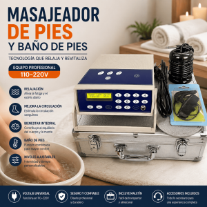 Masajeador de pies y baño de pies de uso profesional, ideal para brindar una experiencia de relajación y bienestar. Cuenta con panel digital, niveles ajustables, accesorios incluidos y maletín para facilitar su transporte y almacenamiento.