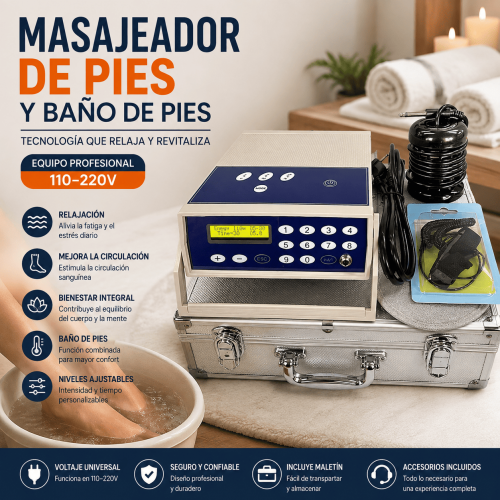 Masajeador de pies y baño de pies de uso profesional, ideal para brindar una experiencia de relajación y bienestar. Cuenta con panel digital, niveles ajustables, accesorios incluidos y maletín para facilitar su transporte y almacenamiento.