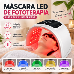 Máscara LED para fototerapia facial con múltiples modos de luz y diseño tipo cabina. Ideal para el cuidado facial en casa, spa o estética. Venta por mayoreo.