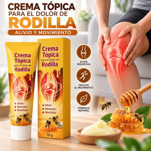 Crema tópica para aplicar en rodillas y articulaciones. Textura ligera, fácil absorción y presentación de 20 g. Venta por mayoreo.