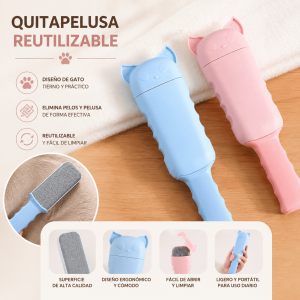 Quitapelusas reutilizable con diseño de gato, ideal para eliminar pelos de mascotas y pelusa de ropa, muebles, alfombras y automóvil. Venta por mayoreo.
