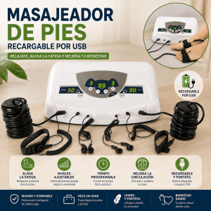 Masajeador de pies recargable por USB con panel digital y niveles ajustables. Incluye accesorios y correas para uso práctico en casa. Ideal para brindar relajación, apoyar el descanso diario y mejorar la experiencia de cuidado personal.