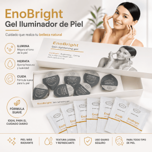 Gel iluminador de piel EnoBright con cápsulas y sobres individuales. Ideal para cuidado facial, frescura e hidratación por mayoreo.