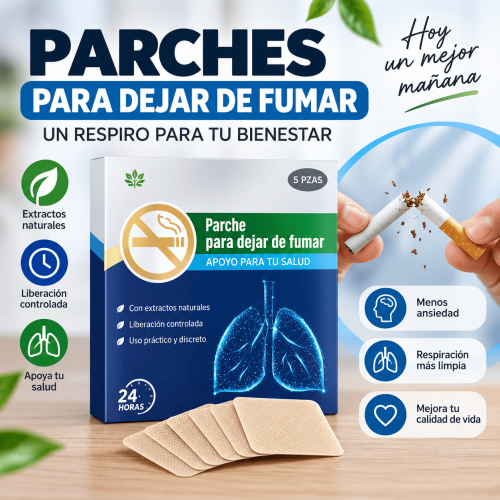 Parche adhesivo para dejar de fumar, cómodo, discreto y fácil de usar. Presentación de 5 piezas. Venta por mayoreo.