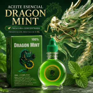 Aceite Esencial Dragon Mint de 3 ml por mayoreo. Presentación compacta con frasco y caja, ideal para venta en línea y catálogo.