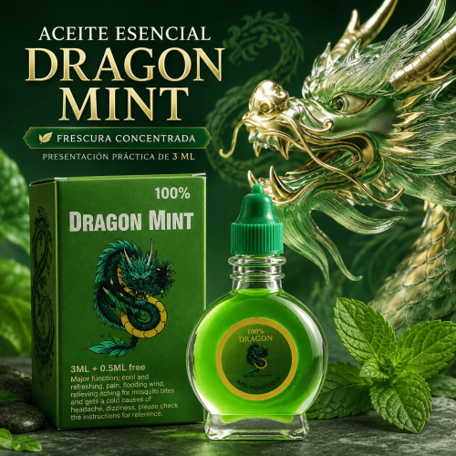 Aceite Esencial Dragon Mint de 3 ml por mayoreo. Presentación compacta con frasco y caja, ideal para venta en línea y catálogo.