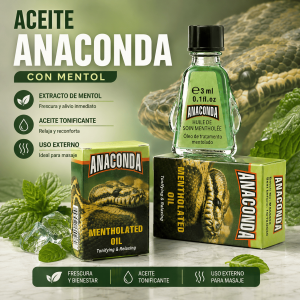 Aceite mentolado Anaconda en presentación de 3 ml, ideal para uso externo mediante masaje. Su formato compacto facilita la exhibición, almacenamiento y venta en línea. Producto práctico con aroma mentolado y sensación refrescante.