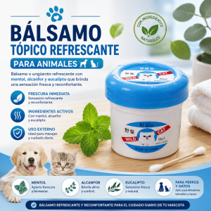 Bálsamo tópico refrescante para animales de 30 ml con mentol, alcanfor y eucalipto. Ideal para masaje externo y cuidado diario por mayoreo.