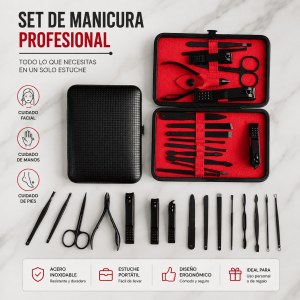 Set de manicura profesional con herramientas de acero inoxidable y estuche portátil. Ideal para el cuidado de uñas, manos, pies y rostro. Venta por mayoreo.