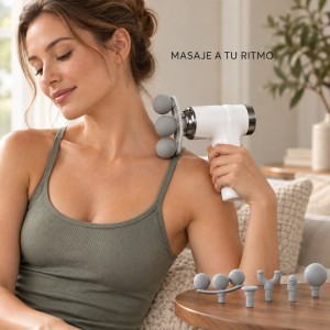 Pistola masajeadora muscular de diseño compacto con cabezales intercambiables- Por mayoreo 