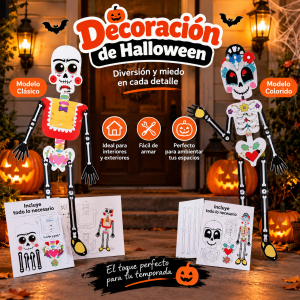 Esqueleto decorativo de Halloween para armar, ideal para ambientar hogares, negocios, vitrinas, fiestas temáticas, entradas, patios o espacios interiores y exteriores.