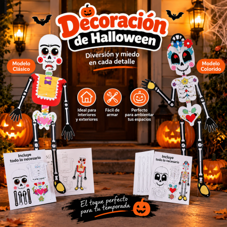 Esqueleto decorativo de Halloween para armar, ideal para ambientar hogares, negocios, vitrinas, fiestas temáticas, entradas, patios o espacios interiores y exteriores.