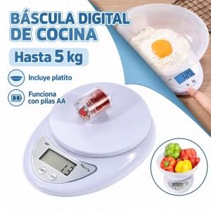 Báscula digital de cocina con platito incluido, funciona con pilas AA y pesa hasta 5 kg con división de 1g- Por mayoreo