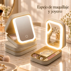 Joyero compacto de vinipiel con espejo LED recargable. Mide 16.5 × 11.5 cm, ideal para organizar tus accesorios- Por mayoreo 