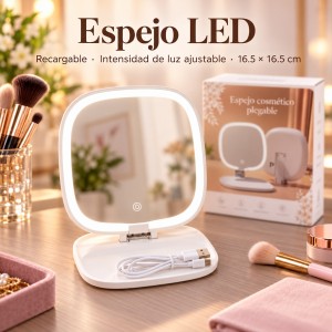 Espejo LED recargable de 16.5 × 16.5 cm con intensidad de luz ajustable. Práctico para tu rutina de maquillaje y cuidado personal- Por mayoreo 