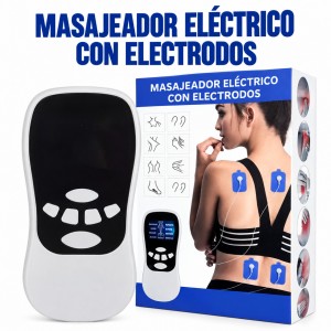 Masajeador eléctrico portátil con controles y parches de electrodos para colocar en distintas zonas del cuerpo- Por mayoreo 