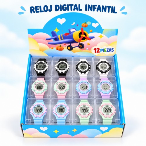 Reloj digital para niños de plástico, con correa ajustable y empaque individual en cajita de acrílico- Por mayoreo 