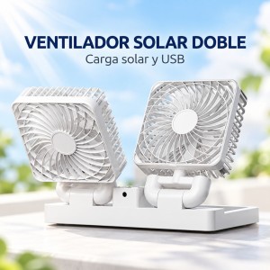 Ventilador doble con carga solar, conexión USB, tres velocidades y cinta adherente- por mayoreo 