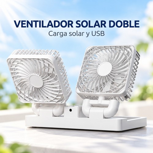 Ventilador doble con carga solar, conexión USB, tres velocidades y cinta adherente- por mayoreo Ventilador doble con carga solar, conexión USB, tres velocidades y cinta adherente- por mayoreo
