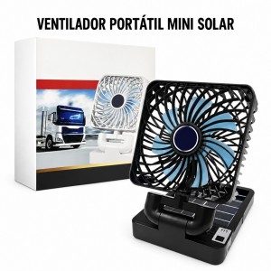 Ventilador mini portátil con carga solar, conexión USB, tres velocidades y cinta adherente- por mayoreo 