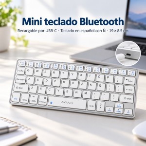 Mini teclado Bluetooth recargable tipo C, con distribución en español y tecla Ñ. Su diseño compacto mide 19 × 8.5 cm- Por mayoreo