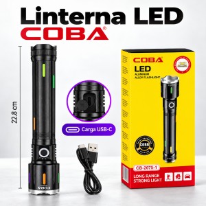Linterna metálica COBA CB-2075 recargable por USB-C, con zoom, 3 modos y batería de 10,800 mAh- Para llevar contigo- Por mayoreo