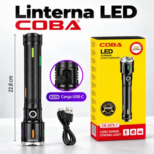 Linterna metálica COBA CB-2075 recargable por USB-C, con zoom, 3 modos y batería de 10,800 mAh- Para llevar contigo- Por mayoreo
