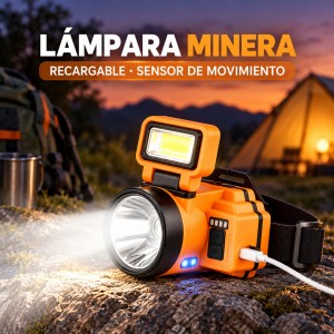 Lámpara minera recargable con sensor de movimiento, banda ajustable y varios modos de iluminación. Compacta, de 9 × 5.5 cm- por mayoreo 