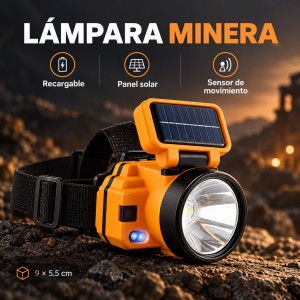 Lámpara minera recargable con panel solar, sensor de movimiento y banda ajustable para la cabeza. Compacta y práctica, mide 9 × 5.5 cm- Por mayoreo 