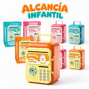 Mini alcancía de 12 cm con clave, funciona con pilas AA y jala los billetes al introducirlos- Por mayoreo