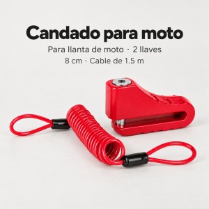 Candado para asegurar la llanta de la moto, con mecanismo de cierre por presión, dos llaves y cable recordatorio de 1.5 m. Medida aproximada: 8 cm- Por mayoreo 