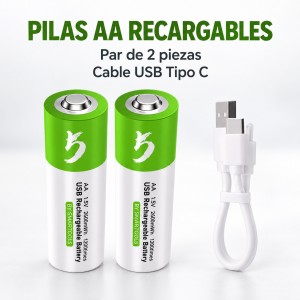Par de pilas AA recargables con cable USB tipo C incluido. Prácticas para tener energía disponible- por mayoreo 