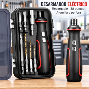 Desarmador eléctrico recargable con 38 puntas para atornillar y taladrar superficies delgadas en casa- Por mayoreo 