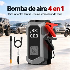 Bomba de aire portátil 4 en 1 para inflar las llantas y ayudar a arrancar el carro. Compacta y práctica para llevar en el vehículo- Por mayoreo 