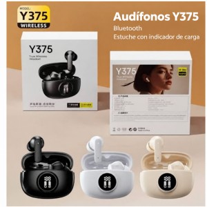 Audífonos inalámbricos Y375 con conexión Bluetooth y estuche con indicador de carga- Por mayoreo 