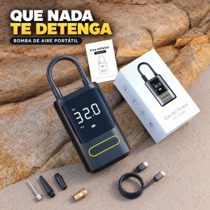Bomba de aire portátil con cable y accesorios para inflado. Diseño compacto para tenerla a la mano cuando la necesites- Por mayoreo 